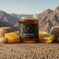Premium Sidr honey jar with Wadi Do'an mountains Yemen background